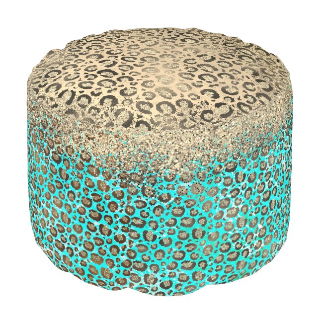 Sparkly Glittery Turquoise Leopard   Pouf (Angled Front)