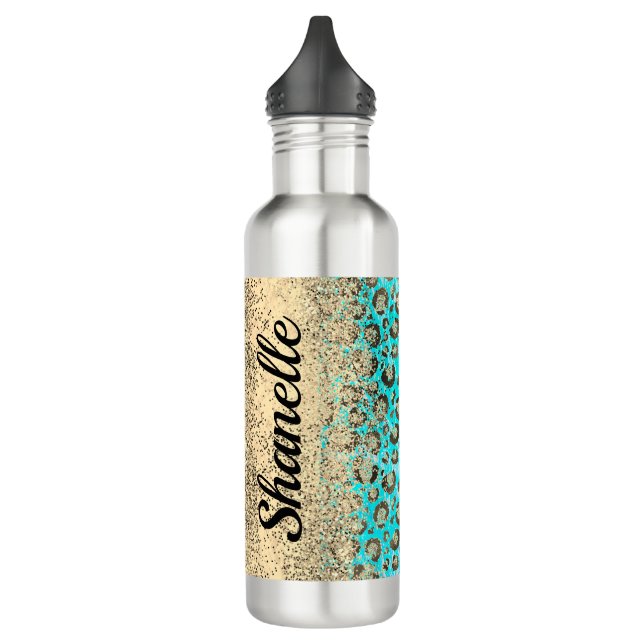 Sparkly Glittery Turquoise Leopard     Stainless Steel Water Bottle (Left)