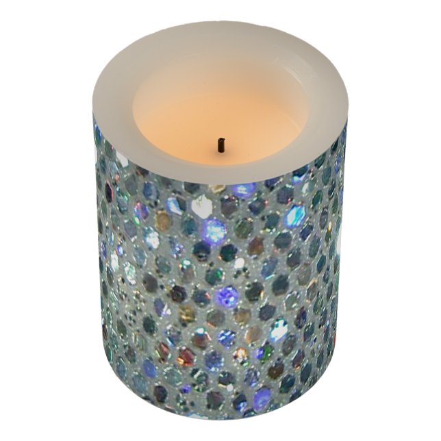Sparkly Glitzy Silver Glitter Bling Flameless Candle (Angled)