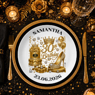 Sparkly Gold And Black 30th Birthday Party Plates