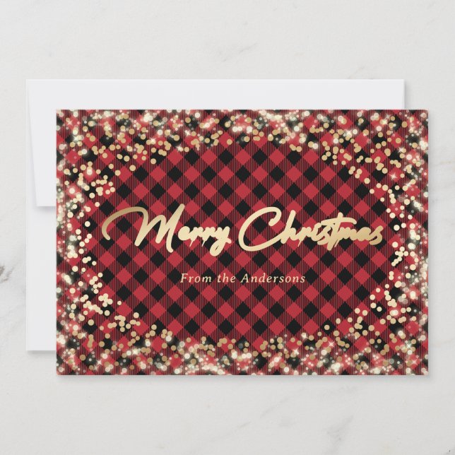Sparkly Gold and Red Buffalo Plaid Christmas Cards (Front)