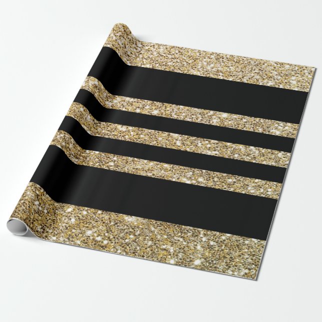 Sparkly Gold & Black Stripes Gift Wrapping Paper (Unrolled)