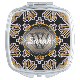 Sparkly Gold & Black Tribal Aztec Compact Mirror