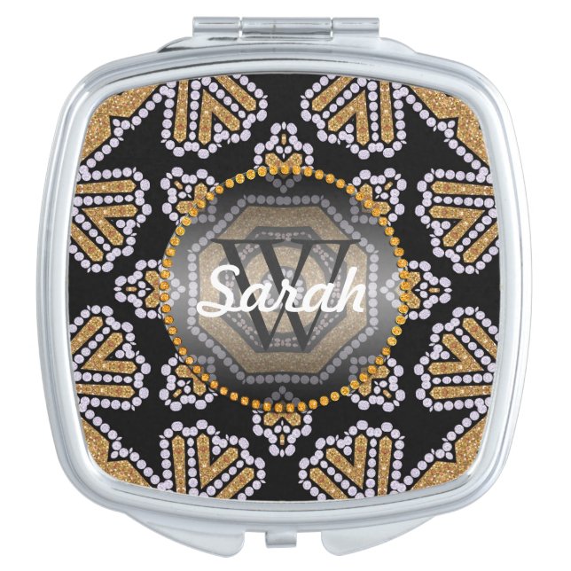 Sparkly Gold & Black Tribal Aztec Compact Mirror (Front)