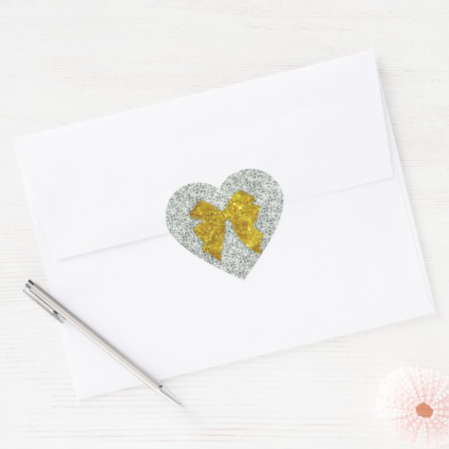 Sparkly Gold Bow on Silver Sequins Heart Sticker (Envelope)