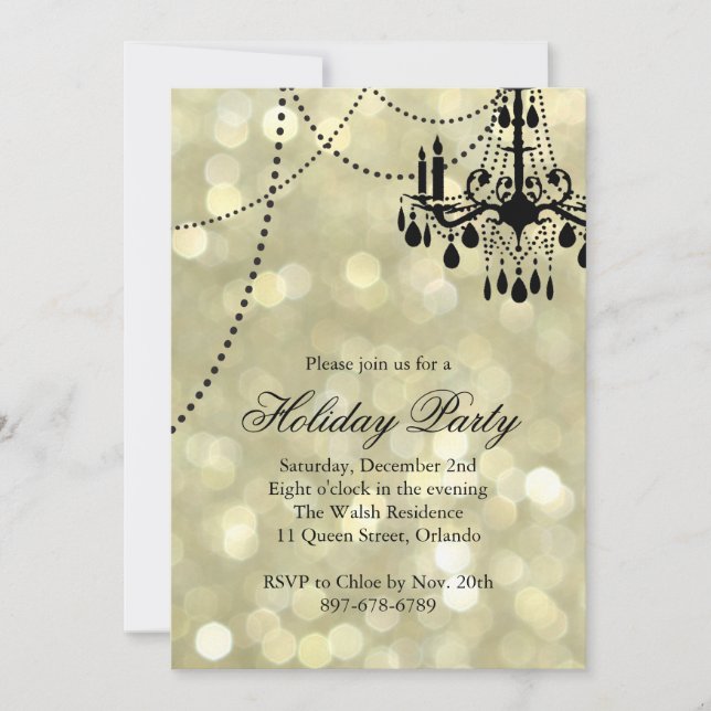 Sparkly Gold Chandelier Holiday Party Invitation (Front)