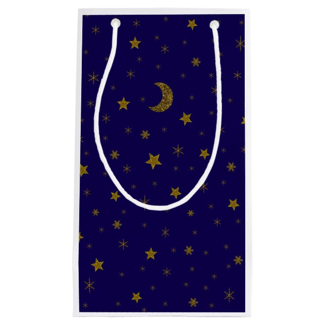 Sparkly gold Christmas moon, stars on blue Small Gift Bag (Front)