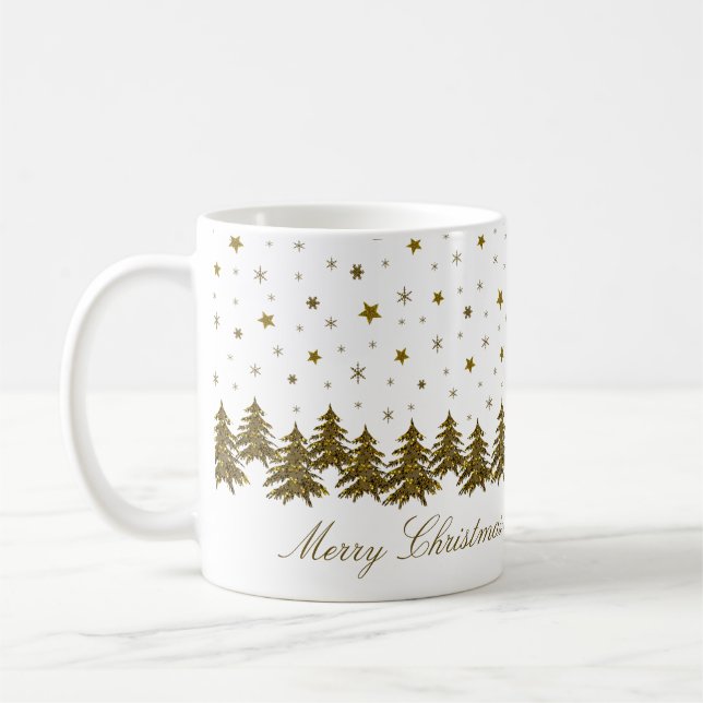 Sparkly gold Christmas tree, moon, stars Christmas Coffee Mug (Left)