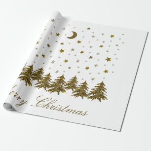 Sparkly gold Christmas tree, moon, stars Christmas Wrapping Paper