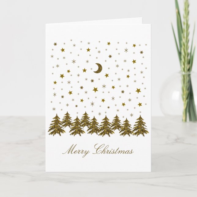 Sparkly gold Christmas tree, moon, stars Holiday Card (Front)