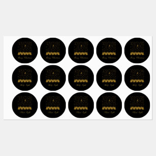 Sparkly gold Christmas tree, moon, stars on black Labels