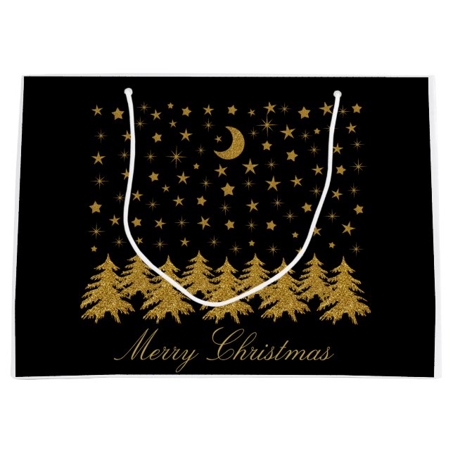 Sparkly gold Christmas tree, moon, stars on black Large Gift Bag (Front)