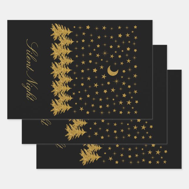 Sparkly gold Christmas tree, moon, stars on black Wrapping Paper Sheets (Set)