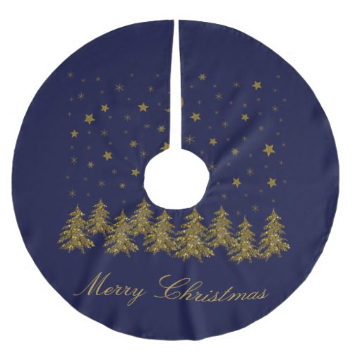 Sparkly gold Christmas tree moon stars on blue Brushed Polyester Tree Skirt