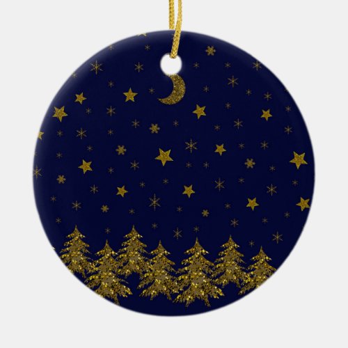 Sparkly gold Christmas tree moon stars on blue Ceramic Ornament