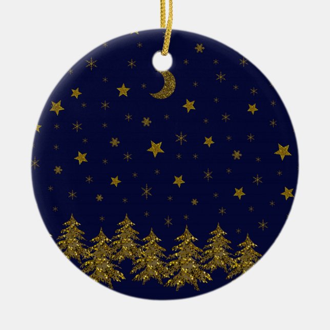 Sparkly gold Christmas tree, moon, stars on blue Ceramic Ornament (Front)
