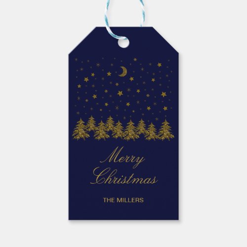 Sparkly gold Christmas tree moon stars on blue Gift Tags