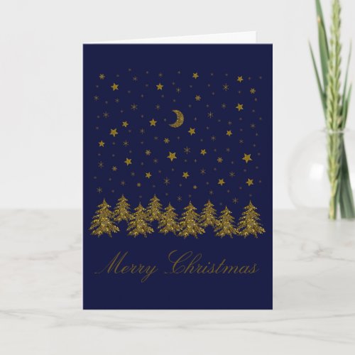 Sparkly gold Christmas tree moon stars on blue Holiday Card