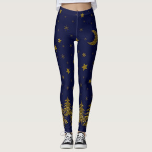 Sparkly gold Christmas tree, moon, stars on blue Leggings