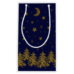 Sparkly gold Christmas tree, moon, stars on blue Small Gift Bag