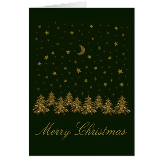 Sparkly gold Christmas tree, moon, stars on green (Front)