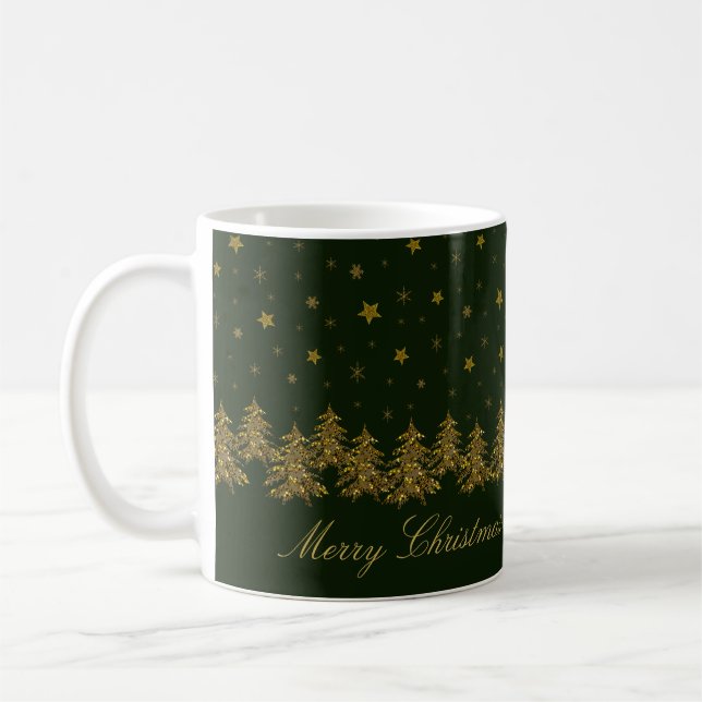 Sparkly gold Christmas tree, moon, stars on green Coffee Mug (Left)
