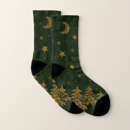 Sparkly gold Christmas tree moon stars on green Socks