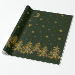 Sparkly gold Christmas tree, moon, stars on green Wrapping Paper