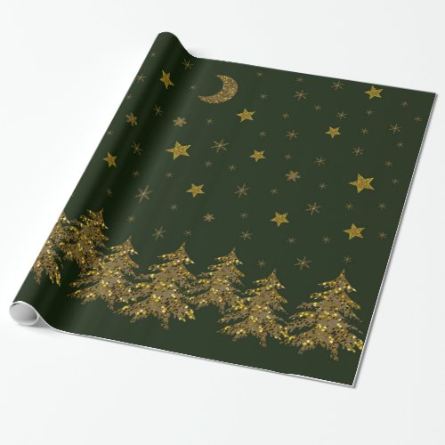 Sparkly gold Christmas tree moon stars on green Wrapping Paper