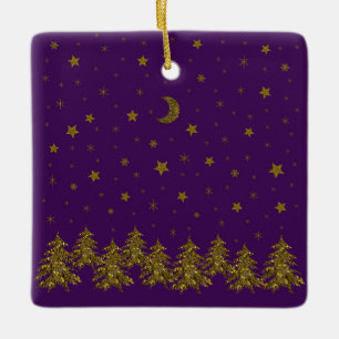 Sparkly gold Christmas tree, moon, stars on purple Ceramic Ornament