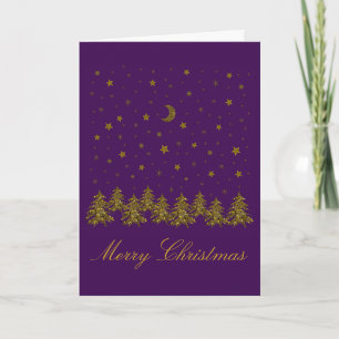 Sparkly gold Christmas tree, moon, stars on purple Holiday Card