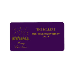 Sparkly gold Christmas tree, moon, stars on purple Label