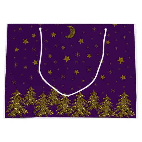 Sparkly gold Christmas tree moon stars on purple Large Gift Bag
