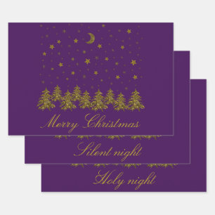 Sparkly gold Christmas tree, moon, stars on purple Wrapping Paper Sheets