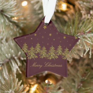 Sparkly gold Christmas tree, moon, stars on red Ornament
