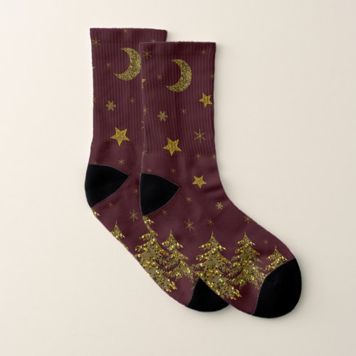 Sparkly gold Christmas tree moon stars on red Socks