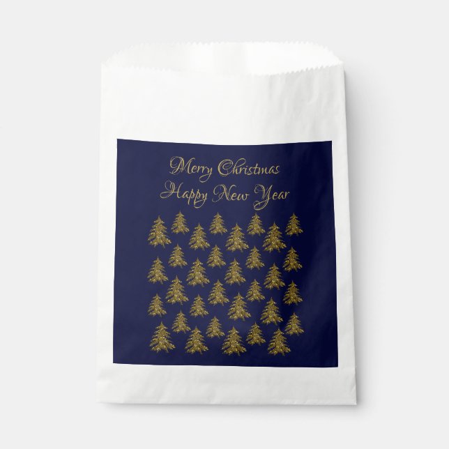 Sparkly gold Christmas tree on blue Christmas Favor Bag (Front)