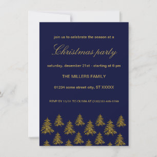 Sparkly gold Christmas tree on blue Christmas Invitation