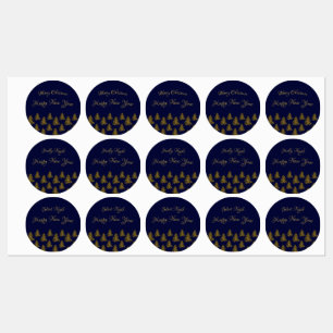 Sparkly gold Christmas tree on blue Christmas Labels