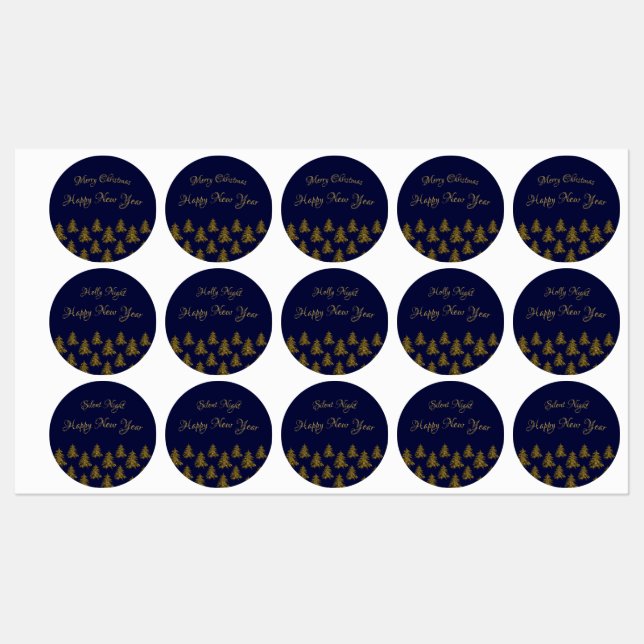 Sparkly gold Christmas tree on blue Christmas Labels (Sheet)