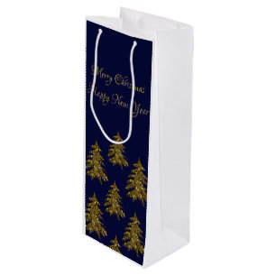 Sparkly gold Christmas tree on blue Christmas Wine Gift Bag