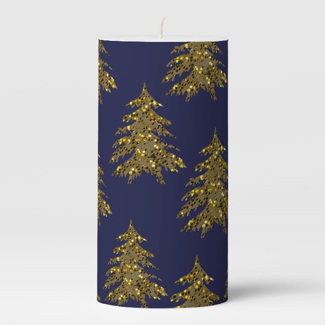 Sparkly gold Christmas tree on dark blue Pillar Candle (Front)