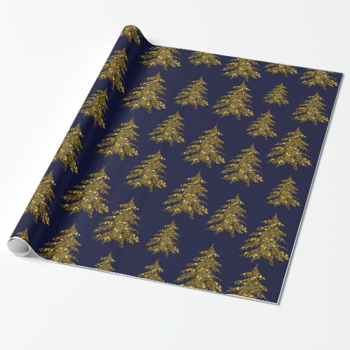Sparkly gold Christmas tree on dark blue Wrapping Paper