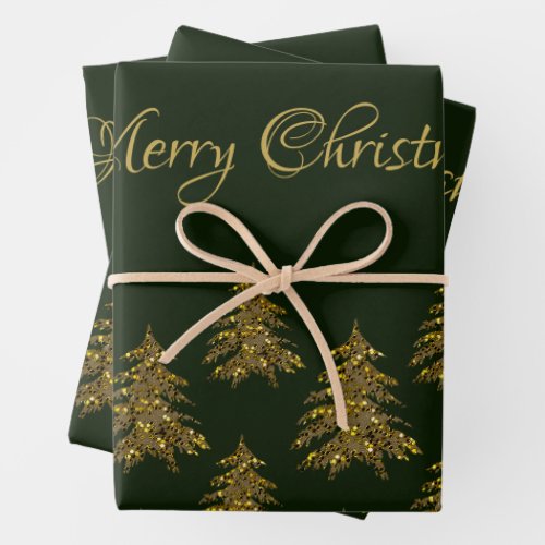 Sparkly gold Christmas tree on green Christmas Wrapping Paper Sheets