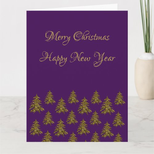 Sparkly gold Christmas tree on purple Christmas Card