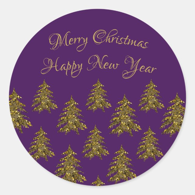 Sparkly gold Christmas tree on purple Christmas Classic Round Sticker (Front)