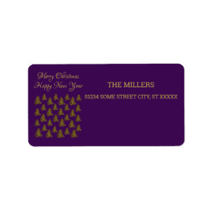 Sparkly gold Christmas tree on purple Christmas Label