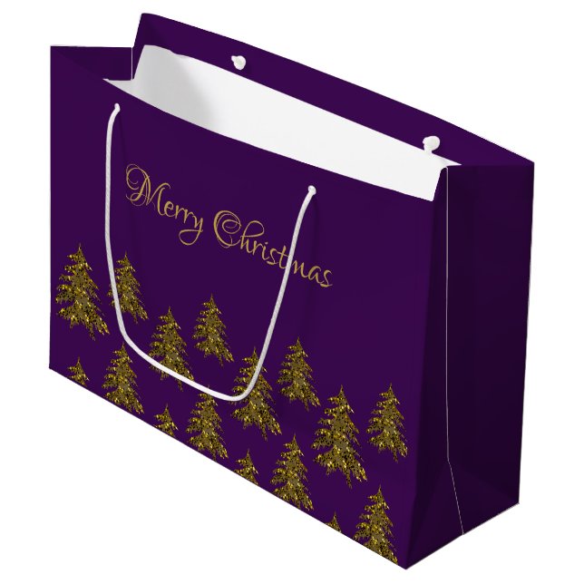 Sparkly gold Christmas tree on purple Christmas Large Gift Bag (Front Angled)