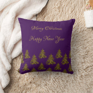 Sparkly gold Christmas tree on purple Christmas Throw Pillow