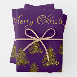 Sparkly gold Christmas tree on purple Christmas Wrapping Paper Sheets